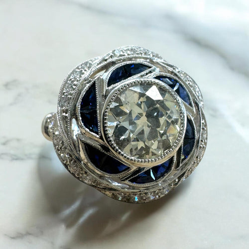 Vintage Art Deco Style 2.06 Carat Old European Cut Diamond and Sapphire Ring