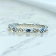 Antique Style Engraved Diamond & Sapphire Wedding Band 14K White Gold