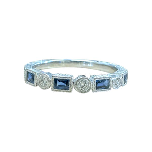 Antique Style Engraved Diamond & Sapphire Wedding Band 14K White Gold