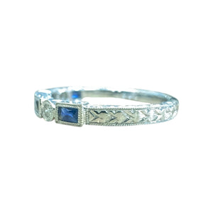 Antique Style Engraved Diamond & Sapphire Wedding Band 14K White Gold