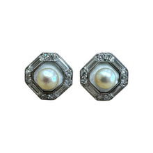 Vintage Platinum Diamond & Pearl Enamel Stud Earrings