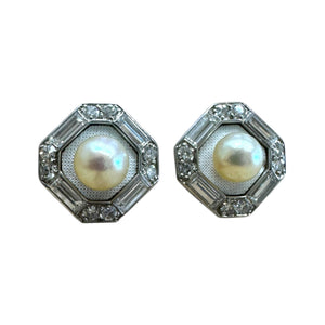 Vintage Platinum Diamond & Pearl Enamel Stud Earrings