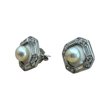 Vintage Platinum Diamond & Pearl Enamel Stud Earrings