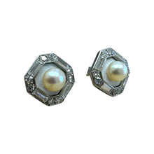 Vintage Platinum Diamond & Pearl Enamel Stud Earrings