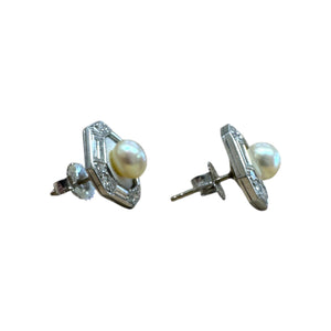 Vintage Platinum Diamond & Pearl Enamel Stud Earrings