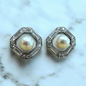 Vintage Platinum Diamond & Pearl Enamel Stud Earrings