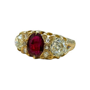 Vintage Burma Ruby & Diamond Ring 18K Yellow Gold Lotus GIA