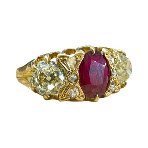 Vintage Burma Ruby & Diamond Ring 18K Yellow Gold Lotus GIA