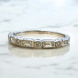 Antique Style Engraved Diamond Wedding Band 14K White Gold