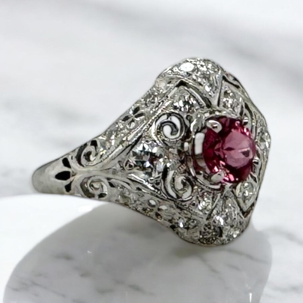 Vintage Art Deco Pink Sapphire Platinum Filigree Ring