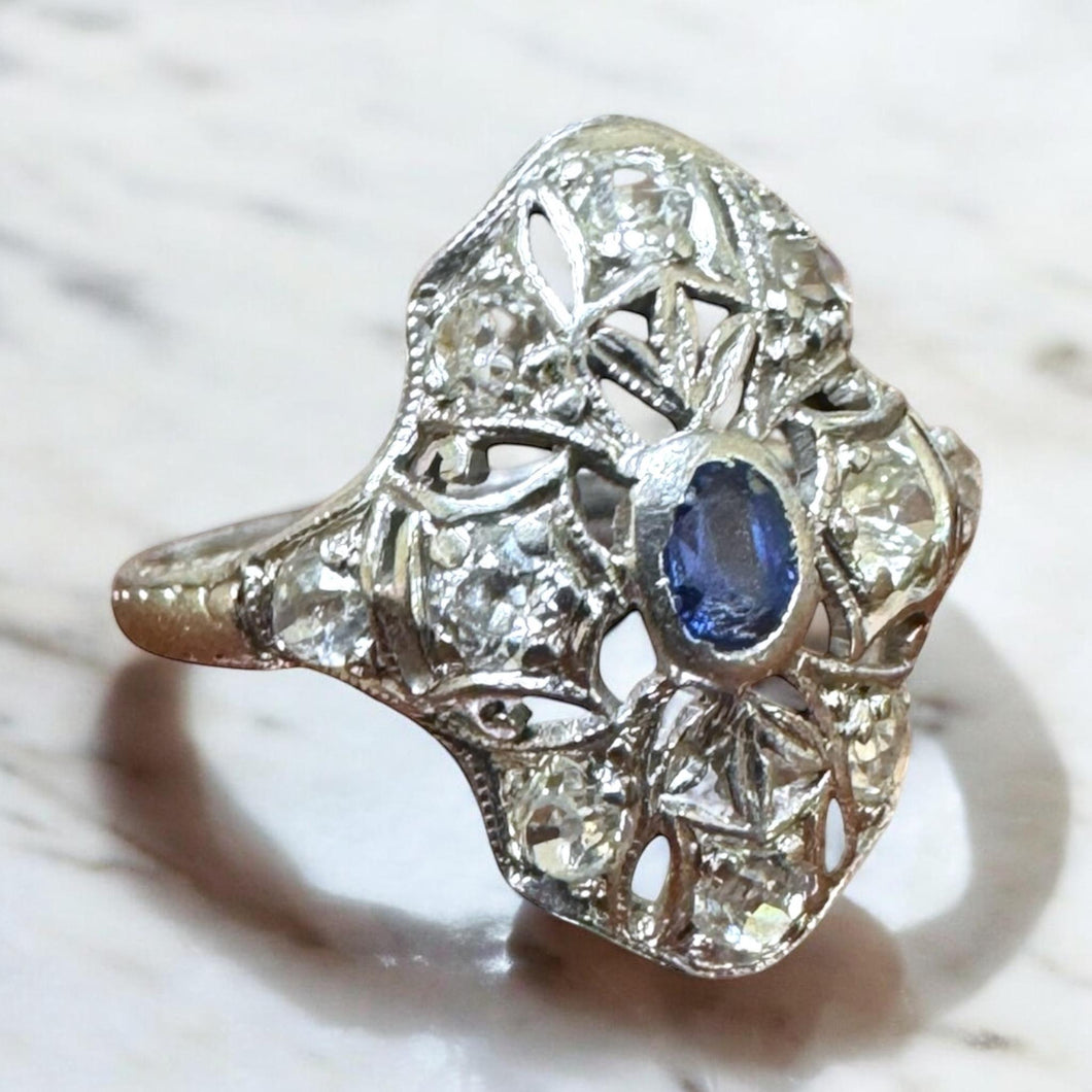 Vintage Dainty Platinum Sapphire & Diamond Filigree Ring