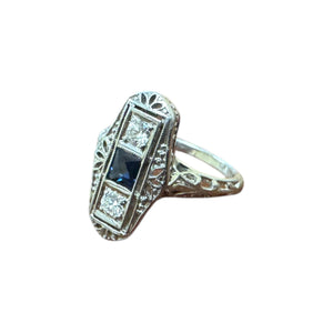 Dainty Vintage Platinum Sapphire & Diamond Cocktail Ring