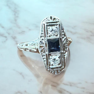 Dainty Vintage Platinum Sapphire & Diamond Cocktail Ring