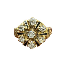 Vintage Old Mine Cut Diamond Enamel Yellow Gold Cluster Ring