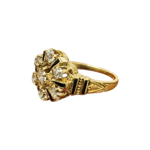 Vintage Old Mine Cut Diamond Enamel Yellow Gold Cluster Ring