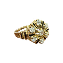 Vintage Old Mine Cut Diamond Enamel Yellow Gold Cluster Ring