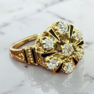 Vintage Old Mine Cut Diamond Enamel Yellow Gold Cluster Ring