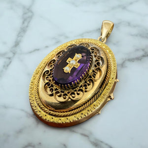 Vintage Victorian Era Large Locket Amethyst & Pearl Cross