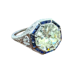 Vintage Art Deco 2.46 Carat Old European Cut Diamond & Sapphire Engagement Ring