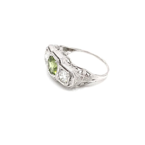 ART DECO PERIDOT AND DIAMOND FILIGREE RING