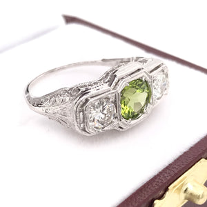 ART DECO PERIDOT AND DIAMOND FILIGREE RING